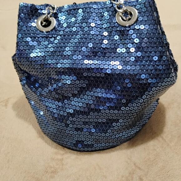 Blue sequined party hobo bag with flower accent Purse - Picture 3 of 9